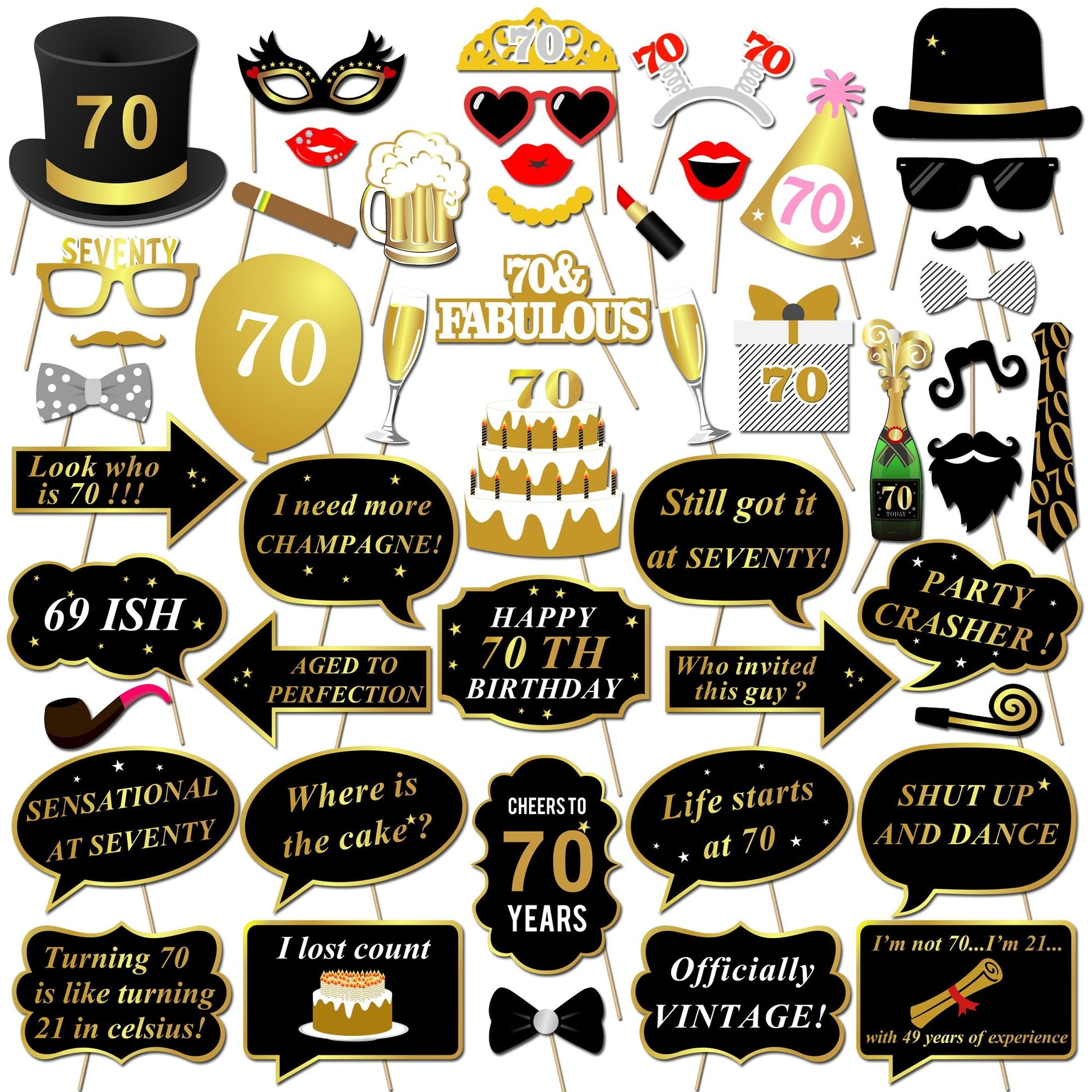 Seventieth Celebration Photo Booth Props Set - 50 Fun and Chic