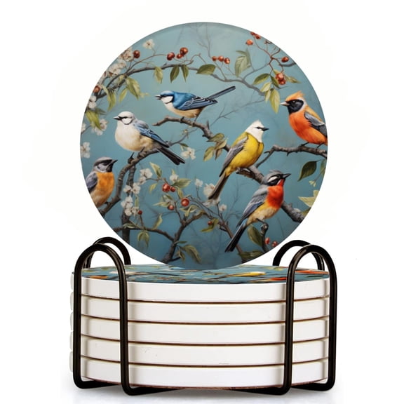 Several Birds Perched On Branches With Blossoms And Berries Set of 6 Ceramic Coasters with Holder, Absorbent Drink Bar Coasters, Table Coasters for Living Room Decor Tabletop Protection