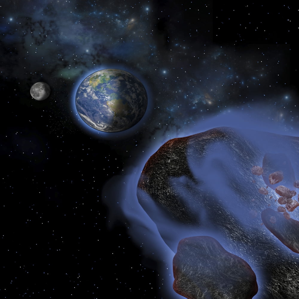 Several asteroids hurtle towards Earth on a path of devastation Canvas Art - Corey FordStocktrek Images (28 x 28)