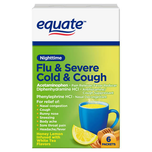 Equate Nighttime Severe Cold, Cough and Flu Powder Packets, Hot Liquid Therapy for Fast Relief, Honey Lemon Infused with White Tea Flavors, 6 Count