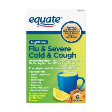 Equate Nighttitme Flu & Severe Cold & Cough Powder Packets, Honey Lemon Infused with White Tea Flavor, 6 Count