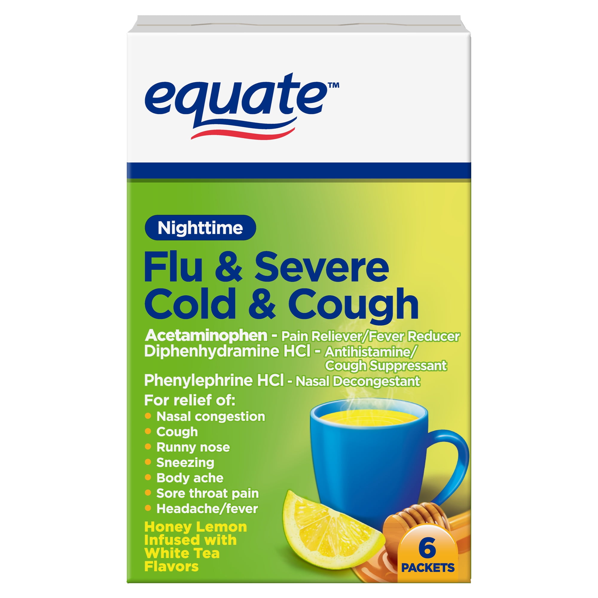 Equate Nighttime Severe Cold, Cough & Flu Relief Powder Packets, Honey Lemon, 6 Count