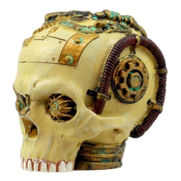 Severed Steampunk Cyborg Skull Figurine 3"H Robotic Skull With Painted Gear Work