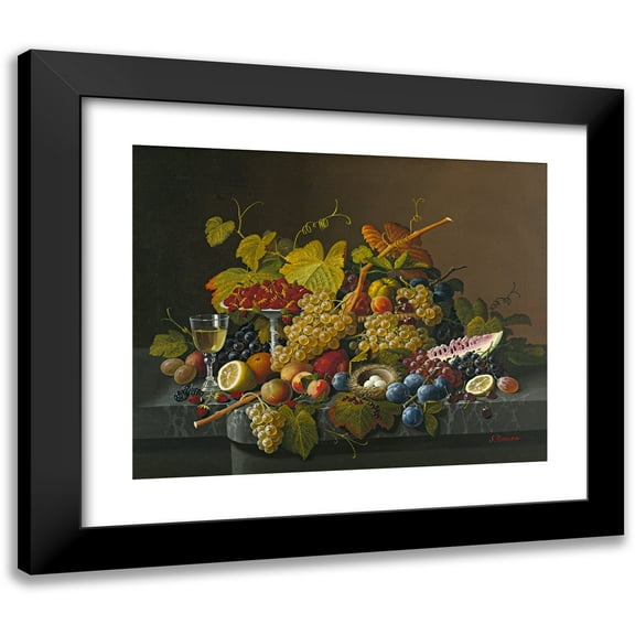 Severin Roesen 14x12 Black Modern Framed Museum Art Print Titled - Still Life with Fruit and Bird's Nest