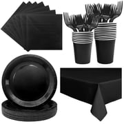Severs 25 Guests Black Paper Plates AFN19 Inch,Bulk Black Paper Plates Cups Napkins and Tablecloth,Disposable Cake Plates Paper Plate Black for Birthday Wedding Party