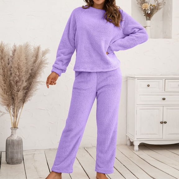 Sevevn 2PC Fashion Woman Solid Long Sleeve Blouse Loose Pants Sets Purple S Rollbacks