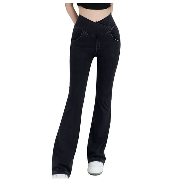 Sevevn Bell Bottom Jeans for Women High Waisted Stretchy Flare Jeans with Pockets Trendy Crossover Pull On Flare Jeggings