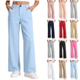 thumbnail image 1 of Sevevn Big Girls Wide Leg Dress Pants Casual High Waist Straight Trousers Button Work School Uniform Pants Loose Fit Back to School Business Casual Slacks Light Blue 9 Years, 1 of 8