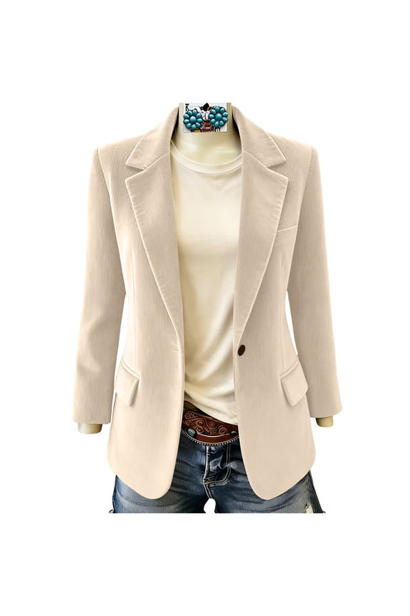 Blazer Jacket for Women Notched Lapel Single Button Long Sleeve Slim Casual Work Suit Coat Beige 2XL
