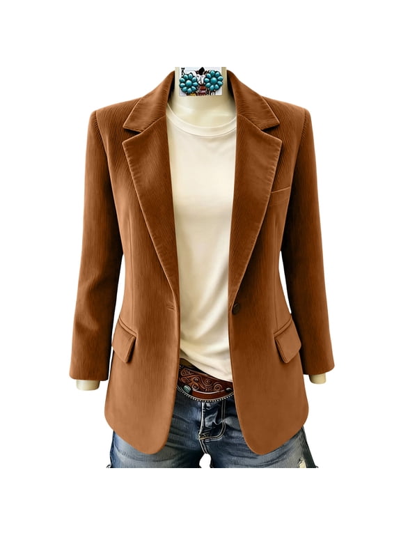 Blazer Jacket for Women Notched Lapel Single Button Long Sleeve Slim Casual Work Suit Coat Brown XL