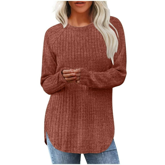 Sevevn Blouses for Women Women's Casual Solid Round Neck Pocket Hem Slit Loose T-shirt Top Clearance Sales Online Deals
