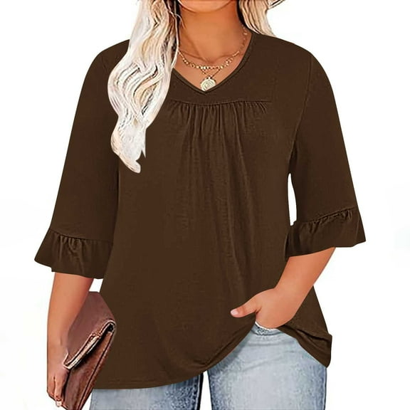 Sevevn Blouses for Women Women's Plus Size Top 3/4 Ruffled Sleeve Shirt Casual V-neck Pleated T-shirt Loose Fitting Shirt Family Gifts