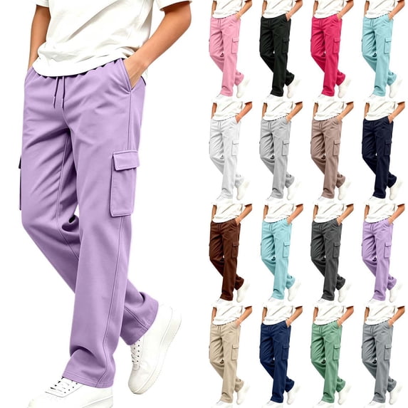 Sevevn Boys Cargo Pants with Drawstring Elastic Waist Casual Straight Leg Jogger Trousers with Functional Side Pockets Relaxed Fit Everyday Pants for School Play and Outdoor Activities