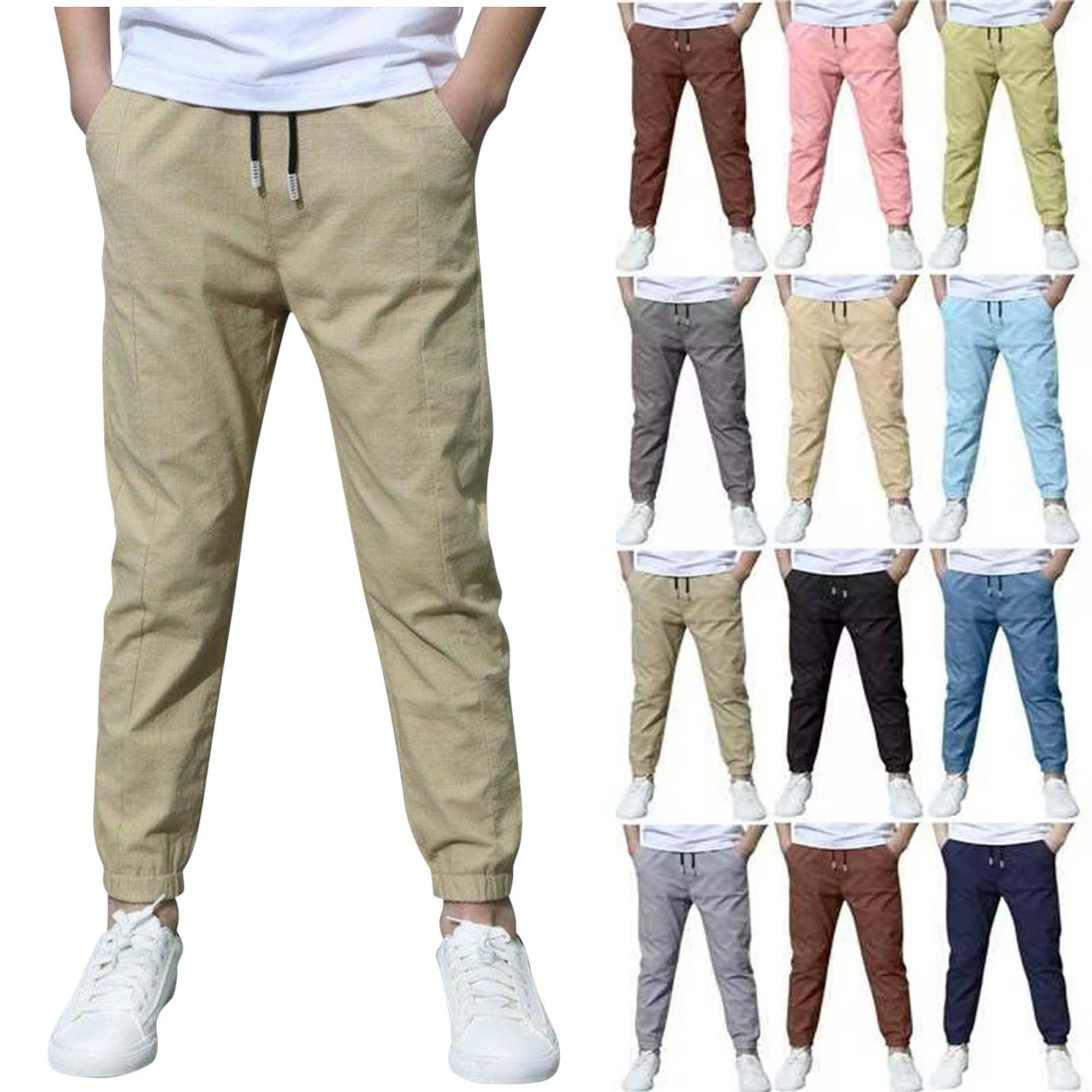 Boys Linen Pants School Uniform Chino Pants Kids Drawstring Elastic Waist Pull on Twill Jogger Pants with Pockets 4-11 Years