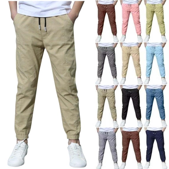 Sevevn Boys Linen Pants School Uniform Chino Pants Kids Drawstring Elastic Waist Pull on Twill Jogger Pants with Pockets 4-11 Years