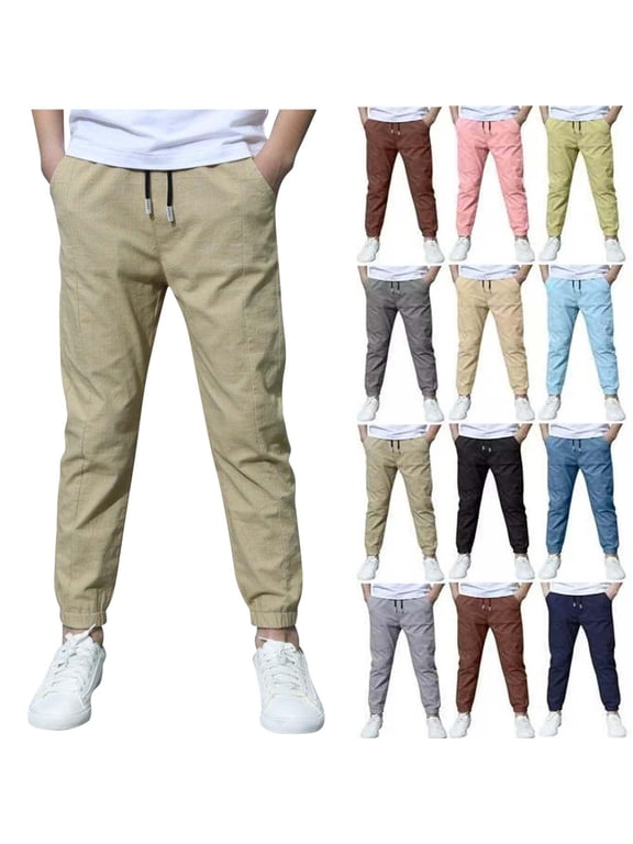 Boys Linen Pants School Uniform Chino Pants Kids Drawstring Elastic Waist Pull on Twill Jogger Pants with Pockets 4-11 Years