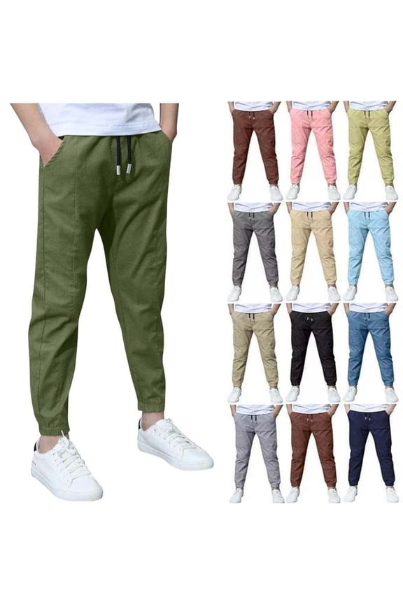 Boys Linen Pants School Uniform Chino Pants Kids Drawstring Elastic Waist Pull on Twill Jogger Pants with Pockets 4-11 Years