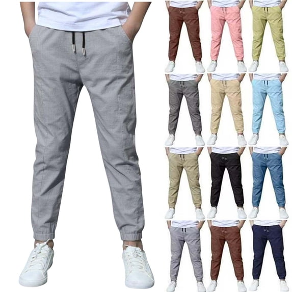 Sevevn Boys Linen Pants School Uniform Chino Pants Kids Drawstring Elastic Waist Pull on Twill Jogger Pants with Pockets 4-11 Years