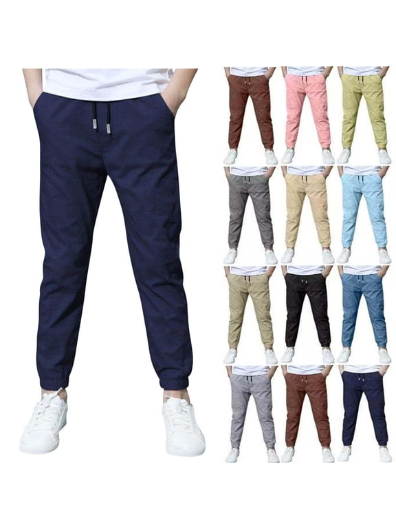 Boys Linen Pants School Uniform Chino Pants Kids Drawstring Elastic Waist Pull on Twill Jogger Pants with Pockets 4-11 Years