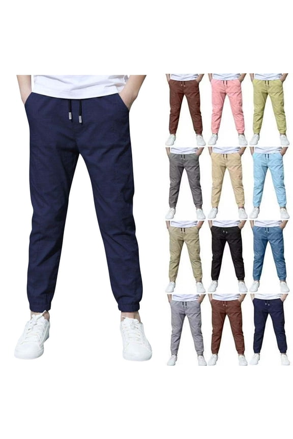 Boys Linen Pants School Uniform Chino Pants Kids Drawstring Elastic Waist Pull on Twill Jogger Pants with Pockets 4-11 Years