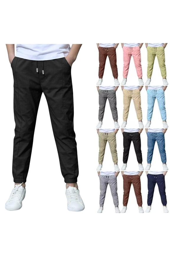 Boys Linen Pants School Uniform Chino Pants Kids Drawstring Elastic Waist Pull on Twill Jogger Pants with Pockets 4-22 Years