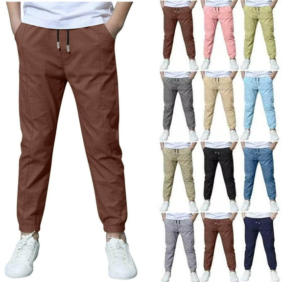 Sevevn Boys Linen Pants School Uniform Chino Pants Kids Drawstring Elastic Waist Pull on Twill Jogger Pants with Pockets 4-29 Years