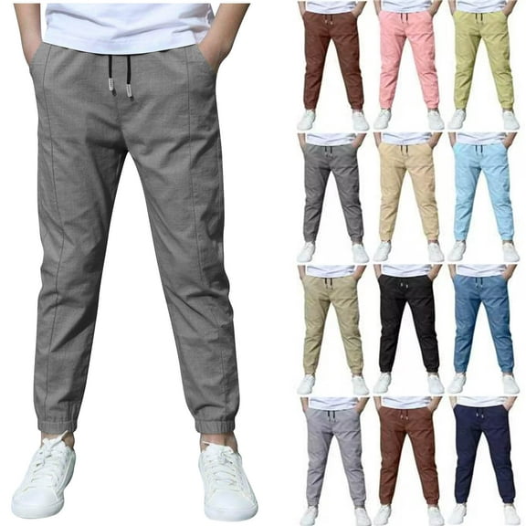 Sevevn Boys Linen Pants School Uniform Chino Pants Kids Drawstring Elastic Waist Pull on Twill Jogger Pants with Pockets 4-31 Years