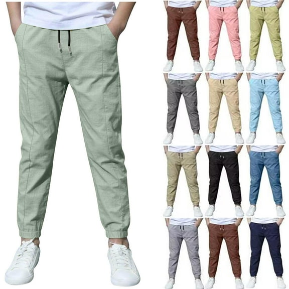 Sevevn Boys Linen Pants School Uniform Chino Pants Kids Drawstring Elastic Waist Pull on Twill Jogger Pants with Pockets 4-41 Years
