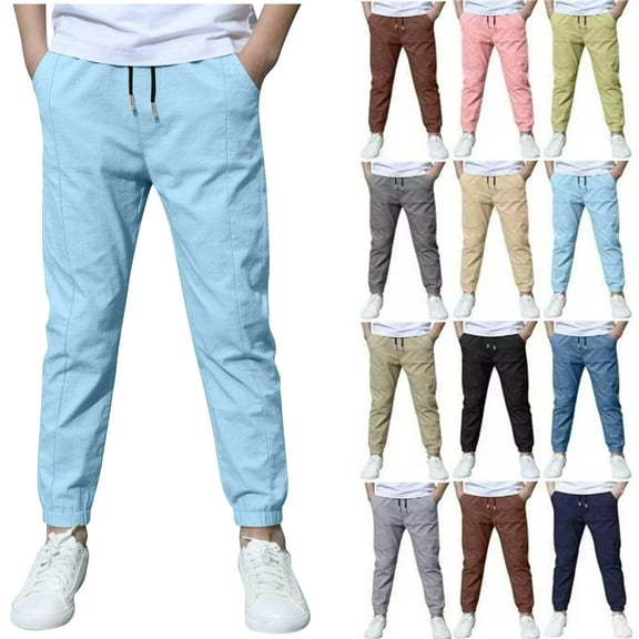 Sevevn Boys Linen Pants School Uniform Chino Pants Kids Drawstring Elastic Waist Pull on Twill Jogger Pants with Pockets 4-42 Years
