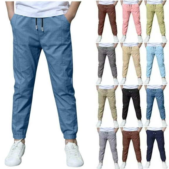 Sevevn Boys Linen Pants School Uniform Chino Pants Kids Drawstring Elastic Waist Pull on Twill Jogger Pants with Pockets 4-48 Years