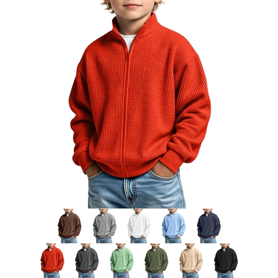 Sevevn Boys Waffle Knit Full Zip Jacket Stand Collar Long Sleeve Loose Fit Zip Up Coat for Kids Casual Wear