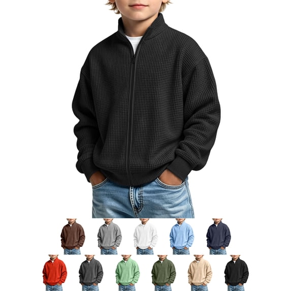 Sevevn Boys Waffle Knit Full Zip Jacket Stand Collar Long Sleeve Loose Fit Zip Up Coat for Kids Casual Wear