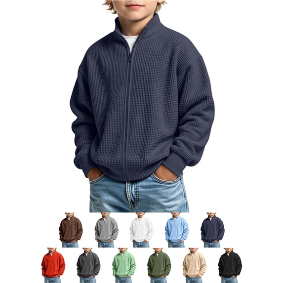 Sevevn Boys Waffle Knit Full Zip Jacket Stand Collar Long Sleeve Loose Fit Zip Up Coat for Kids Casual Wear