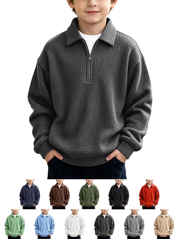 Boys Waffle Knit Quarter Zip Pullover Long Sleeve Collared Loose Sweatshirt for Kids Casual Wear