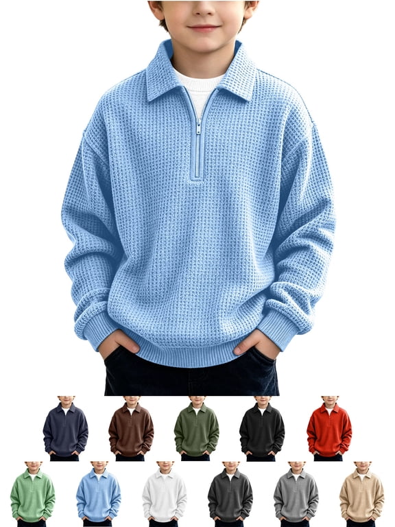 Boys Waffle Knit Quarter Zip Pullover Long Sleeve Collared Loose Sweatshirt for Kids Casual Wear