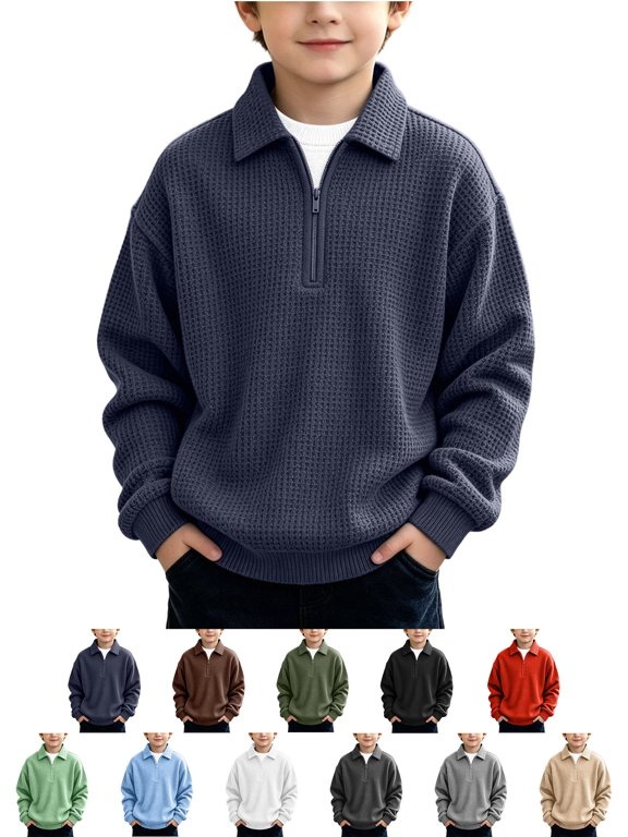 Boys Waffle Knit Quarter Zip Pullover Long Sleeve Collared Loose Sweatshirt for Kids Casual Wear