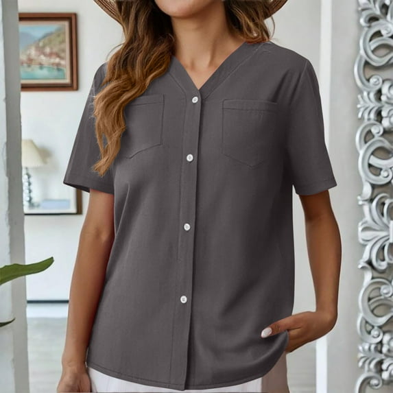 Sevevn Cardigan Sweaters for Women Ladies' Casual Solid Color And Linen V-neck Chest Pocket Button Cardigan Short Sleeved Blouse Gift for Adults Gray XXL