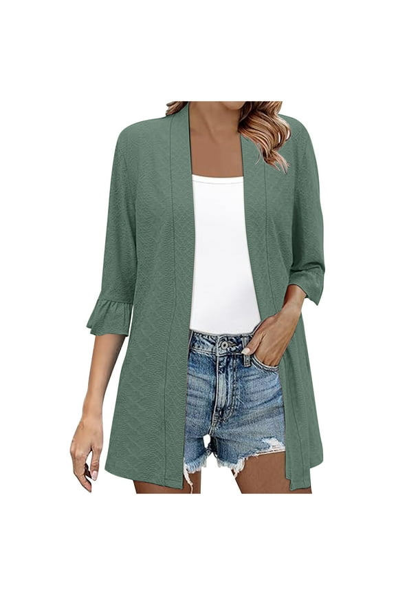 Cardigan Sweaters for Women Ladies' Spring And Summer Casual Solid Color 3/4 Sleeve Quarter Sleeve Front Cardigan Women Beach Fashion Army Green S