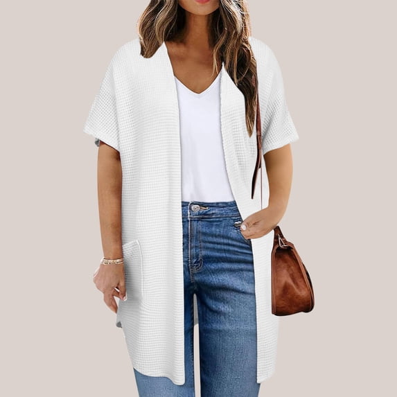 Sevevn Cardigan Sweaters for Women Women Solid Color Plus Size Open Spring Summer Casual Short Sleeved Front Open Cardigan With Pockets Deal of the Week White XXL