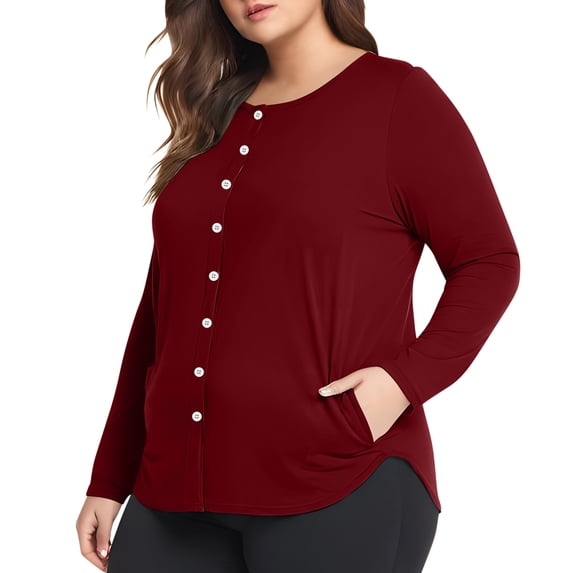 Sevevn Cardigan Sweaters for Women Women Women's Plus Size Long Sleeved Solid Color Bottom Pocket Button Cardigan Casual Short Sleeve Blouse End of Year Clearance Wine XXXL