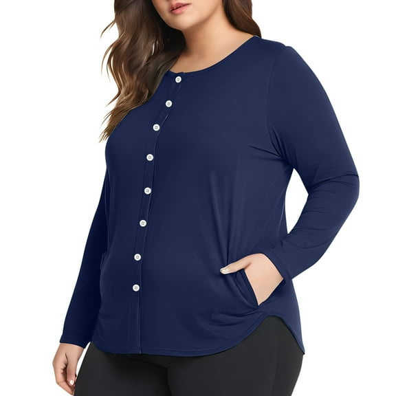 Sevevn Cardigan Sweaters for Women Women Women's Plus Size Long Sleeved Solid Color Bottom Pocket Button Cardigan Casual Short Sleeve Blouse Rollbacks Navy XXXXL