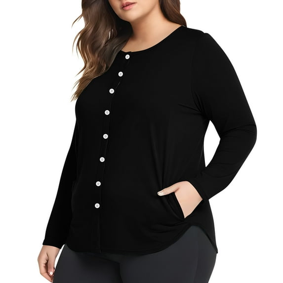 Sevevn Cardigan Sweaters for Women Women Women's Plus Size Long Sleeved Solid Color Bottom Pocket Button Cardigan Casual Short Sleeve Blouse Summer Deals Black XXXL