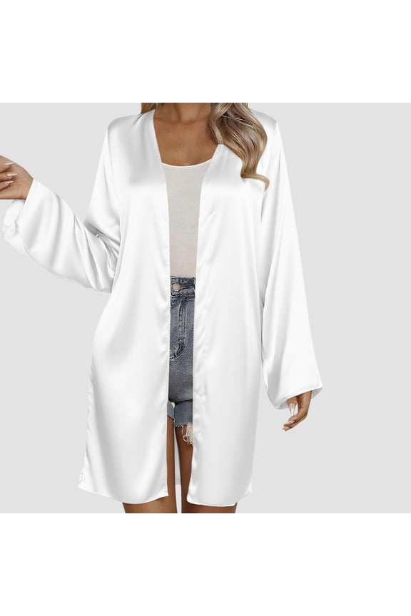 Cardigan Sweaters for Women Women's Loose Casual Tops Blouse Solid Color Long Sleeved Cardigan For Women Silk Long Cardigan Gift for Adults White S