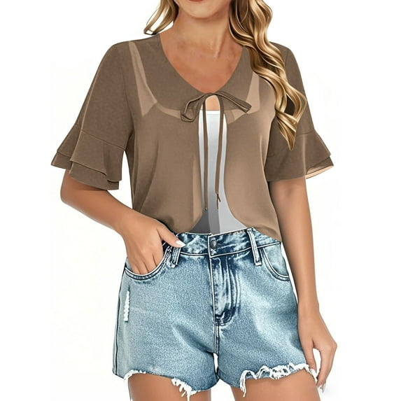 Sevevn Cardigan Sweaters for Women Women Chiffon Ruffle Short Sleeve Summer Tie Front Sheer Cardigans For Dresses Summer Clearance Khaki XXXL