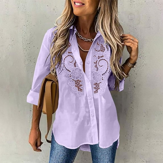 Sevevn Cardigan Sweaters for Women Women Solid Color Lapel Cardigan Embroidered Lace Hollow Out Long Sleeved Shirt Top Gift for Girls Purple XL