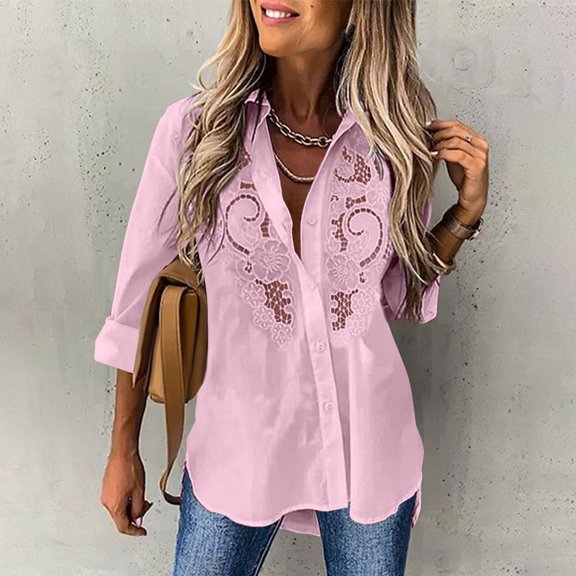 Sevevn Cardigan Sweaters for Women Women Solid Color Lapel Cardigan Embroidered Lace Hollow Out Long Sleeved Shirt Top Holiday Gift Finder Pink L