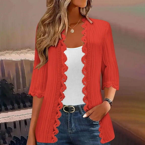 Sevevn Cardigan Sweaters for Women Women's Casual Fashion Loose 3/4 Sleeve Lace Cardigan Tops Blouse Family Gifts Red S