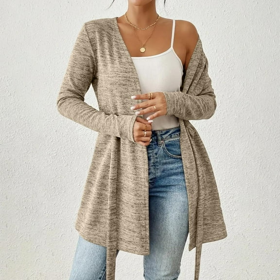 Sevevn Cardigan Sweaters for Women Women's Casual Solid Long Sleeve Casual Loose Bandage Cardigan Tops Spring Tops for Women Beige L