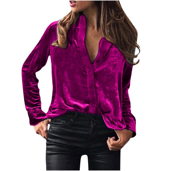Sevevn Cardigan Sweaters for Women Women's Fashion Long Sleeve Solid Velvet CardiganTurndown Collar Shirt Blouse Deal of the Week Hot Pink L