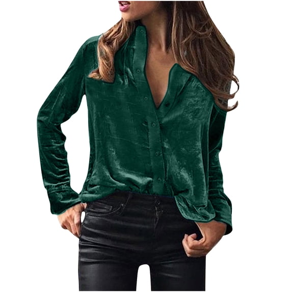 Sevevn Cardigan Sweaters for Women Women's Fashion Long Sleeve Solid Velvet CardiganTurndown Collar Shirt Blouse Summer Savings Army Green XXL